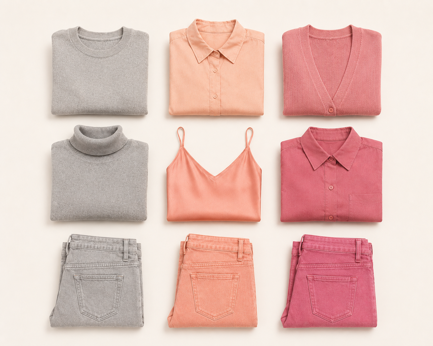 Fashion catalog audited by Pimfy — a grid of folded garments across a grey-to-pink gradient